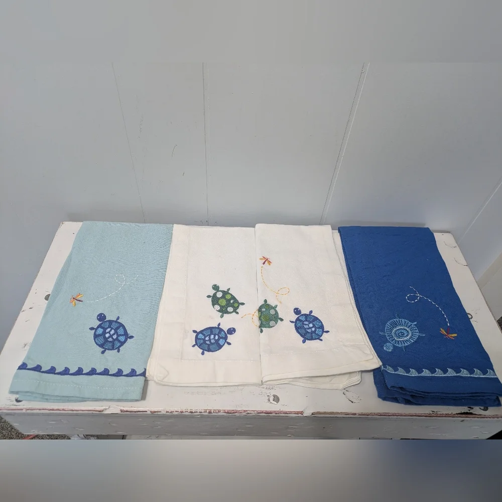 Set of 4 Turtle Sea Life Cotton Kitchen Tea Towels Coastal Nautical‎ Ocean Decor